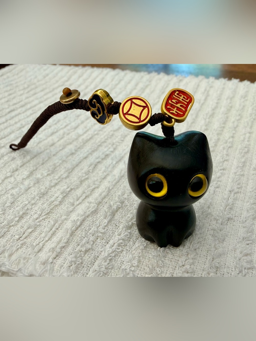Black Cat Phone Charm with Gold-Accent Beads